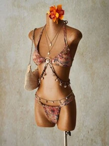 SHEIN ICON 女士夏季沙滩花卉印花露背性感比基尼泳装套装 - 彩色 - 查看 4