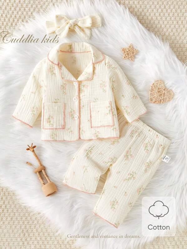 3pcs/Set Newborn Soft Cotton Sleepwear, Floral Print Casual Cardigan Long Sleeve Top, Matching Printed Pants, Headband, Comfortable Loungewear Set