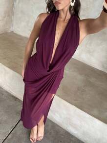 Aloruh 女士性感深垂领露背网眼长裙，酒红色 - 酒紅色 - 查看 7