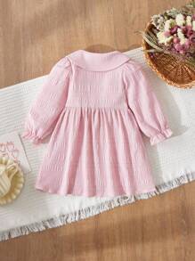 Blossori 女宝宝法式优雅翻领泡泡袖纽扣连衣裙 - 粉色 - 查看 2