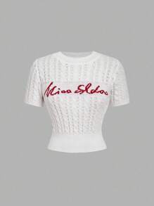 SHEIN MOD 可爱字母装饰白色麻花针织毛衣 - 白色 - 查看 1