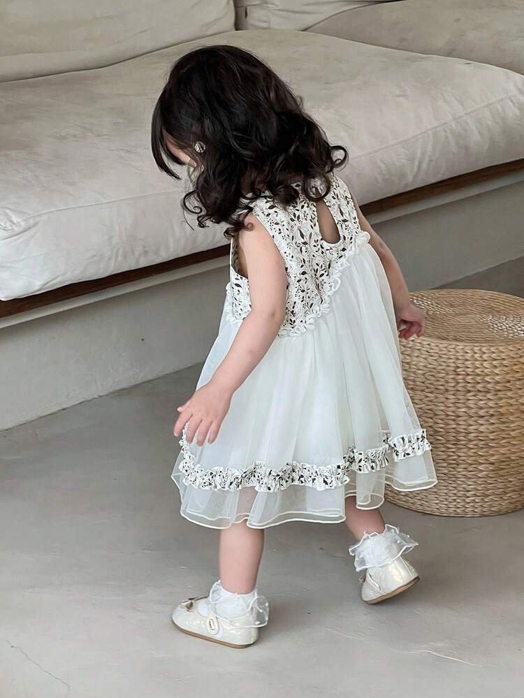 Toddler Girls' Round Neck Contrast Color Mesh Mid-Length Party Birthday Dress