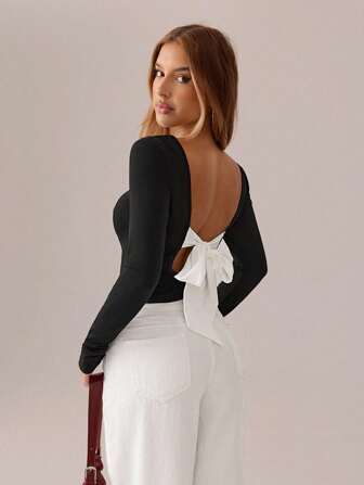 SHEIN SXY Plus Size Women's Spring & Summer Elegant Sexy Daily Basic Contrasting Tie Back Backless Slim-Fit T-Shirt; Round Neck Long-Sleeved Solid Black Slim-Fit Bow Top,Suitable For Western Wear,Cruise Attire,Music Festival,Concert