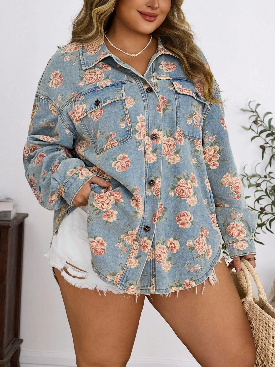 EMERY ROSE Plus Size Women Casual Holiday Print Pattern Non-Stretch Light Blue Denim Jacket - Light Wash - View 1