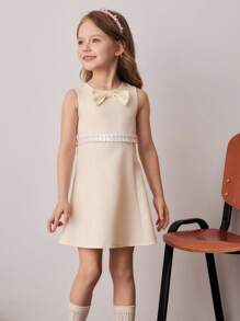 PrepCrw Young Girl Bow Decor Round Neck Elegant Sleeveless Beige Dress,Summer Traditional Wedding Special Occasion School Uniform Teen Outfits - Multicolor - View 3