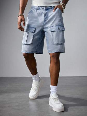 Street Life Pantalones cortos de mezclilla cargo de corte ancho y suelto para hombres