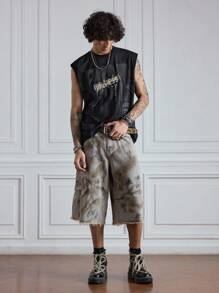 ROMWE MEN Grunge Punk 男士蜡染磨边宽松休闲牛仔短裤，万圣节 - 灰色 - 查看 5