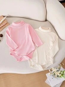 SHEIN 2 pezzi Set di body a collo alto a maniche lunghe di colore unito per bambina, adatto per primavera/autunno - Multicolore - Visualizzare 3
