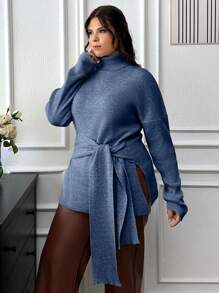 SHEIN Cottnline Plus Turtle-Neck Tie-Up Detailed Sweater With Rib Knit Detailed - Blue - View 4