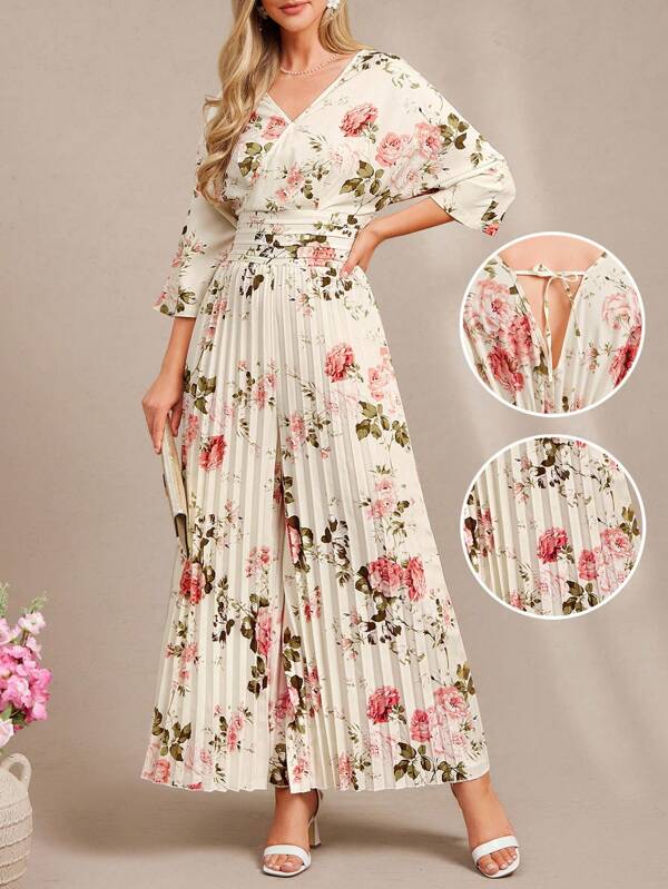 Amorya Women's V-Neck Pleated Wide Leg Jumpsuit With Batwing Sleeve And Ruched Waist, Floral Print, Suitable For Spring & Autumn