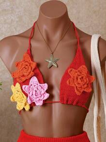 Bellisia Women's Casual Beach Vacation 3D Floral Crochet Coverup For Summer - Red - View 4