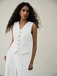 MOTF PREMIUM SOLID SINGLE BREASTED PLACKET BLAZER VEST - Beige - View 5