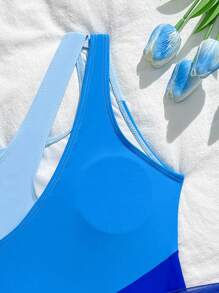 Tween Girls' Summer Beach Vacation Style Splice Printed Asymmetrical Neck One-Piece Swimsuit - Multicolor - View 4