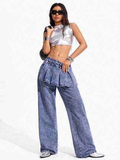 SHEIN Unity Women's Patchwork Pleats Design Pockets Low Waist Straight Leg Jeans