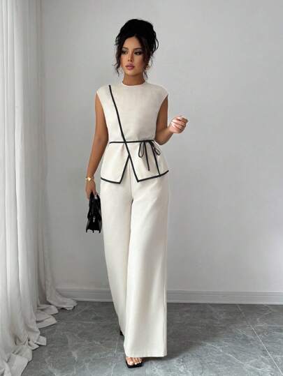 Elenzga Women 2pcs Set Apricot Color Splice Black Bowknot Design Sleeveless Top And Straight Leg Pants, Elegant Outfit