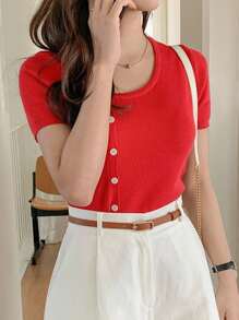 DAZY Women's Solid Color Asymmetric Neck Button Design Casual Knit Top, Short Sleeve - Red - View 5