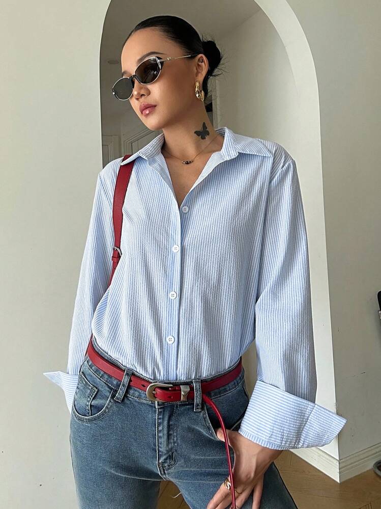 DAZY Camicia a maniche lunghe a righe da donna, alla moda e adatta per l'estate e l'autunno - celeste - Visualizzare 9