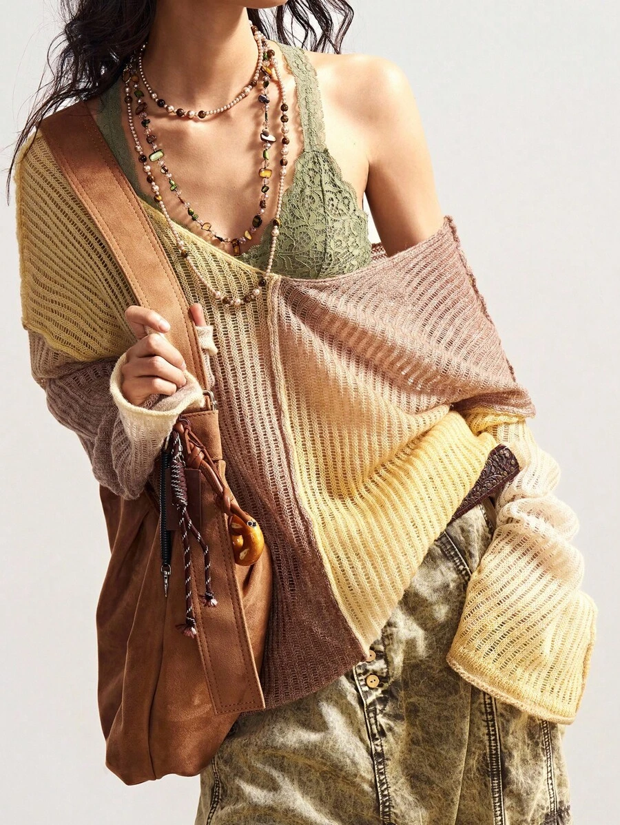 Bohemela Áo len dệt kim dáng rộng tay dài, dáng rộng, họa tiết gradient phong cách Boho dành cho nữ, phong cách đồng quê cổ điển phương Tây, thích hợp cho kỳ nghỉ hè/thu - Rượu sâm banh - Xem 1