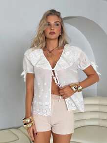 Roylia Women's White Floral Summer Boho Tea Party Holiday Hollow Embroidered Short Blouse,Deep V Neck Frill Collar Lantern Sleeve Open Front Bowknot Chic Y2K - White - View 6