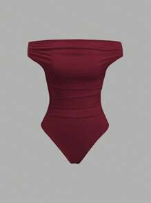 Sweetra 1 件合身露肩连体衣，百搭又舒适 - 紅木色 - 查看 1