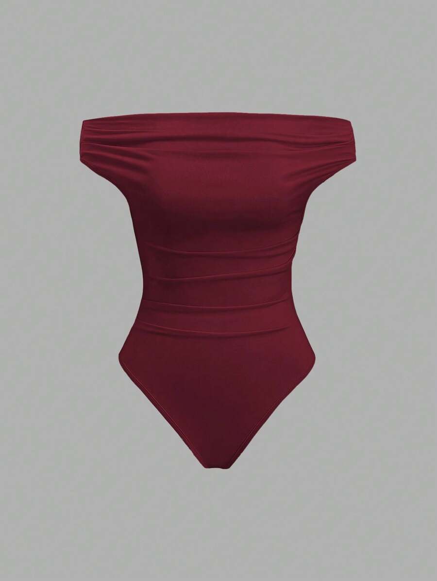 Sweetra 1 件合身露肩连体衣，百搭又舒适 - 紅木色 - 查看 1
