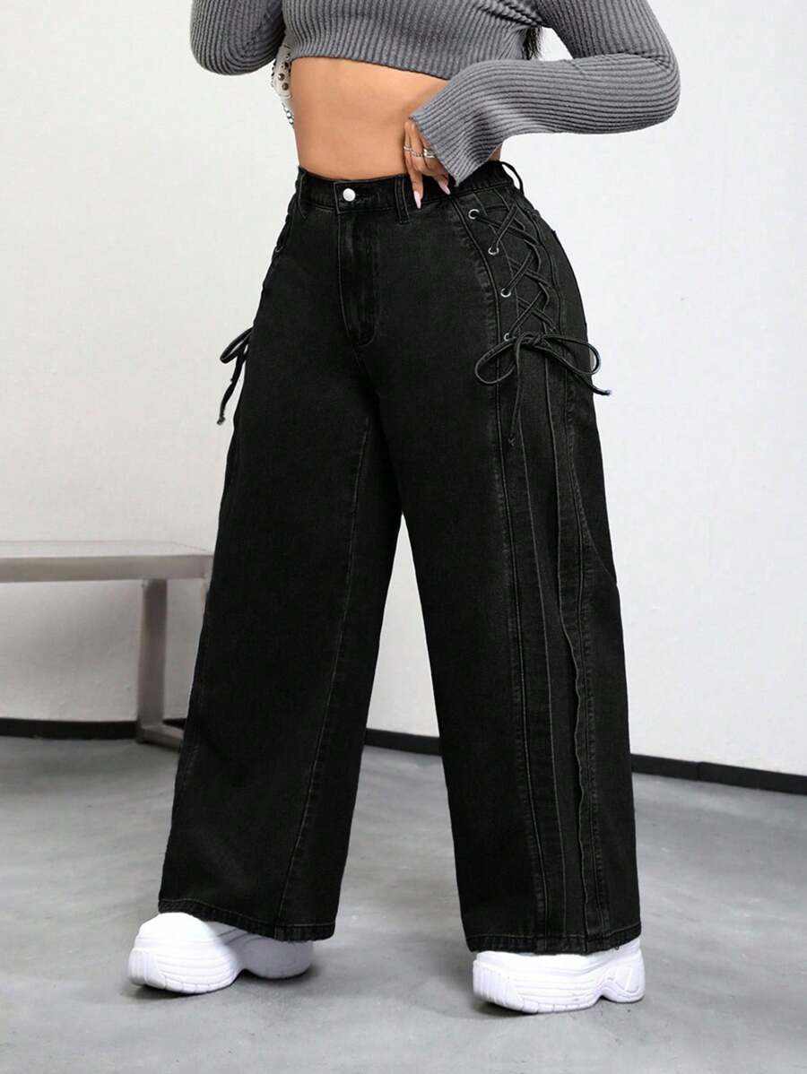 SHEIN PETITE CURVE 大码休闲水洗交叉带牛仔裤