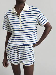 Ontre 2026春夏女士撞色条纹Polo领短袖上衣和短裤套装，带口袋，适合休闲商务、度假、海滩、生日派对、教师制服等场合，两件套 - 藍色 - 查看 5