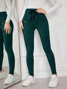Modelyn Women's Letter Patched Drawstring Tight Skinny Comfortable Leggings Fall Cloth For Women - Dark Green - View 7