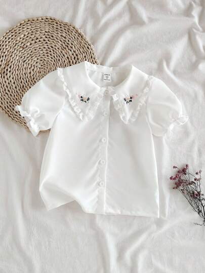 SHEIN Vintaside Kids 年轻女孩蕾丝装饰领花卉刺绣休闲衬衫，田园风格，时尚百搭舒适衬衫，春夏