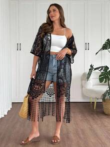 SHEIN LUNE Áo khoác ren mỏng tua rua cho kỳ nghỉ cỡ lớn - màu đen - Xem 3