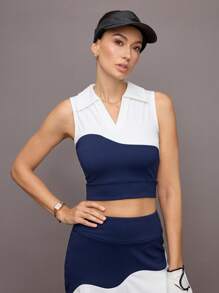 Activina Women's Colorblock V-Neck Sleeveless Sports Polo Shirt - Blue - View 5