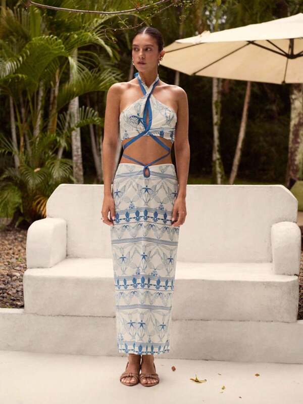 Sunsella Parte superior recortada atada con recorte en forma de óvalo superpuesto estampado para mujer, atuendo de playa para vacaciones de verano