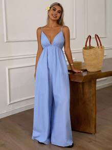 DAZY Bộ jumpsuit hở lưng cổ chữ V thanh lịch dành cho nữ, thích hợp cho kỳ nghỉ biển, du lịch biển. - Màu xanh lam - Xem 3