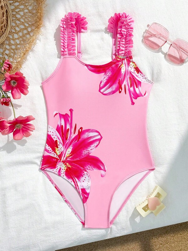 Costum de baie dintr-o singură piesă cu imprimeu floral și bretele reglabile pentru fete Tween, roz