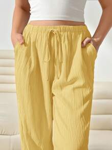 SHEIN EZwear Pantalones largos sueltos tejidos de color jengibre para mujeres de talla grande