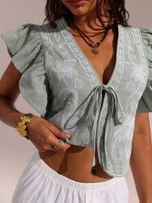 SHEIN Forever 21 Spring New Arrival Cap Sleeve Embroidered Vacation Beachwear Tank Top For Women - Green - View 7