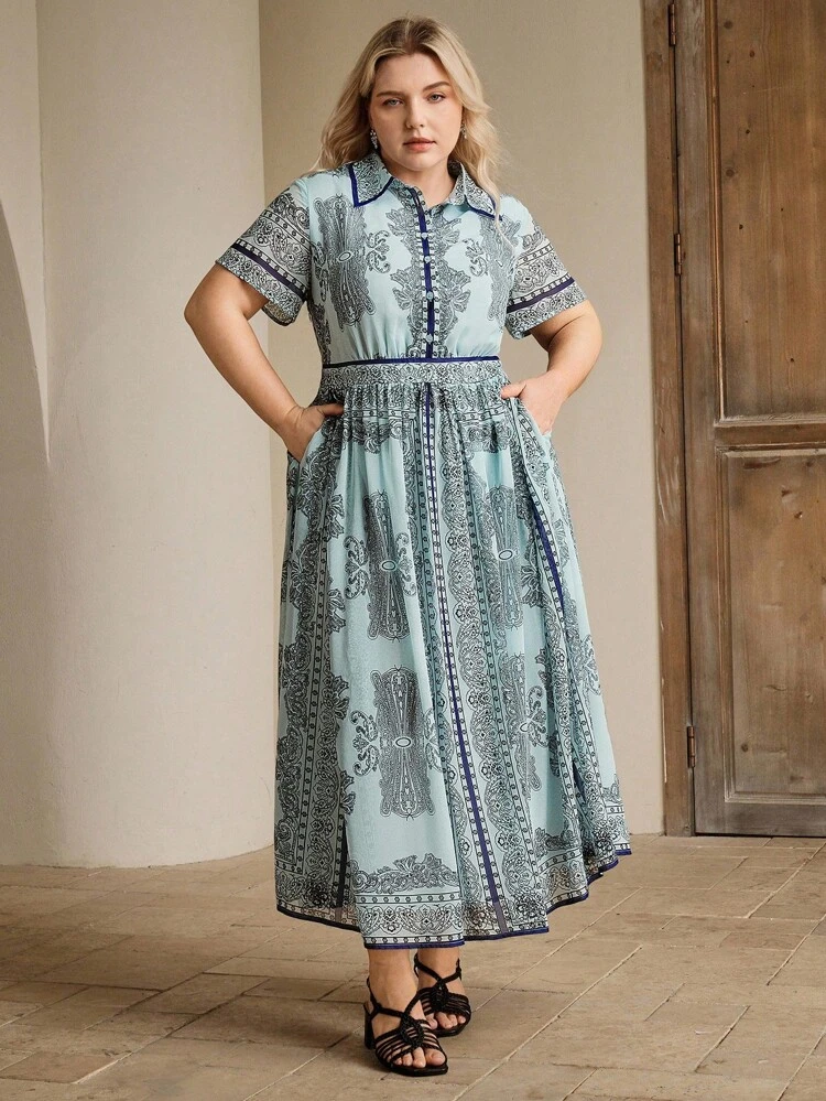 Plus Size Women Summer Floral Print Chiffon Short Sleeve Belted Collared Shirt Dress