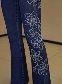 MOTF PREMIUM Floral-Jeans mit Roh-Kante und Weitem Bein ohne Gürtel