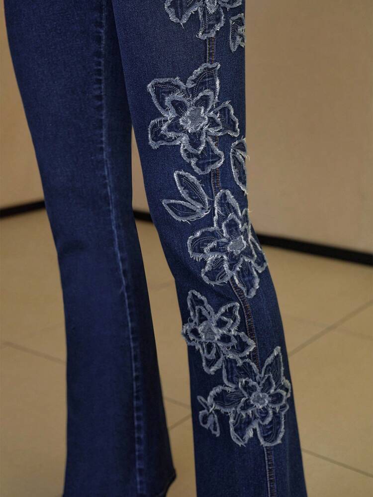 FLORAL RAW EDGE FLARE LEG JEANS WITHOUT BELT