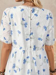 LanaWest Women's Vintage Loose Short Sleeve Embroidered Floral Print White Short Beach Holiday Dress, Summer