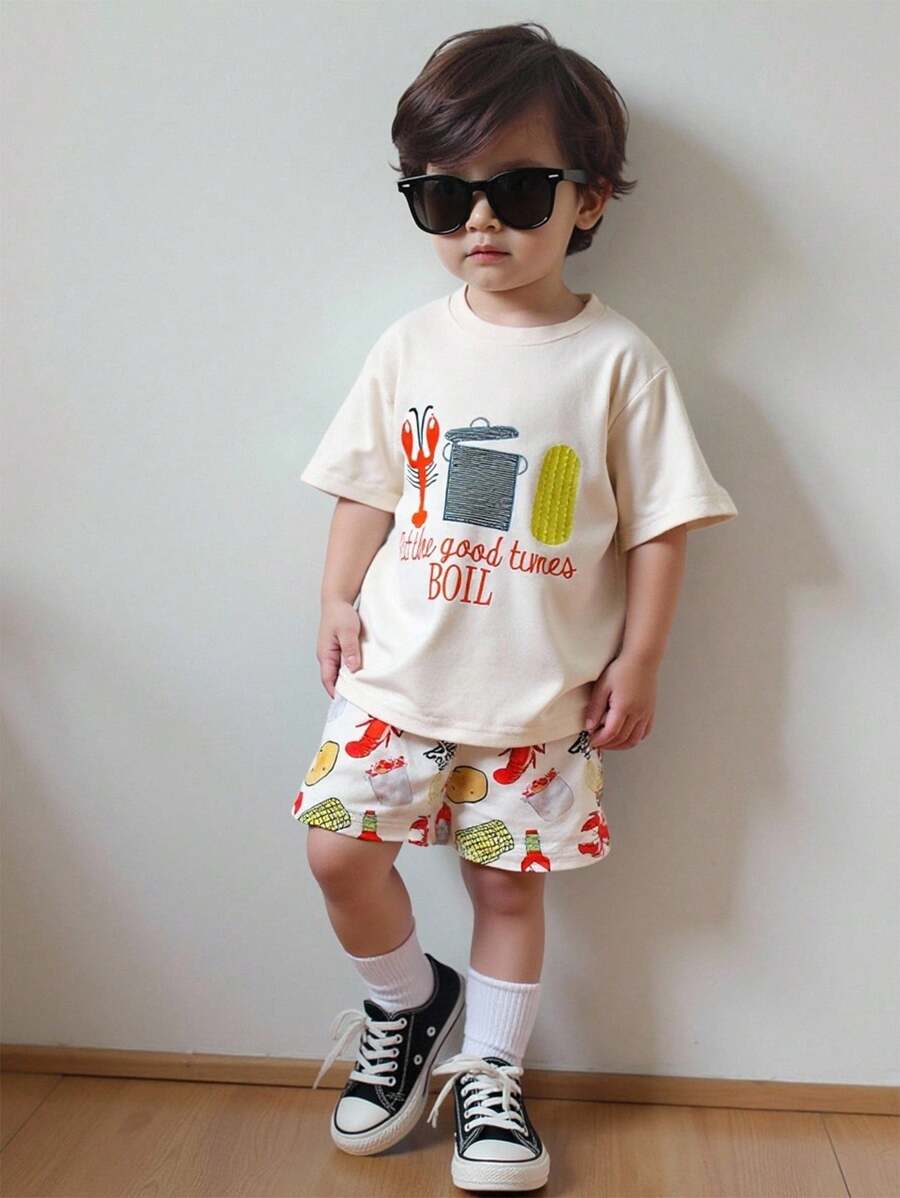 小男孩（小）杏色小虾印花短袖上衣T恤，搭配虾、土豆、玉米印花可爱独特的装扮，夏季 - 杏色 - 查看 1