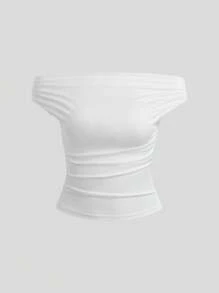 Sweetra Tops de mujer de unicolor con pliegues y hombros descubiertos de moda - Multicolor - Ver 3