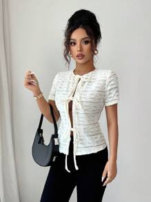 Chiquease Camiseta feminina casual elegante com decote em V e manga curta - Damasco - Ver 4