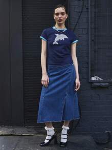 COUREZ Jupe en jean midi asymétrique avec fentes / Bas d'été mignons Y2K Streetwear Jupe d'été Vintage 100% coton - Jean brut - Voir 4