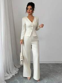 Elenzga Women's Elegant Long Sleeve Blazer And Pants Suit Set, Business/Commuter Style, Suitable For Summer, Independence Day, Graduation, Back To School Fall Cloth For Women