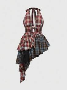 ROMWE J-Fashion 复古 Y2K 女式拼接无袖沙滩演唱会连衣裙，铆钉、水钻、蕾丝、网眼、不对称下摆、低腰、加大码，适合夏季、度假、音乐节，红色、蓝色