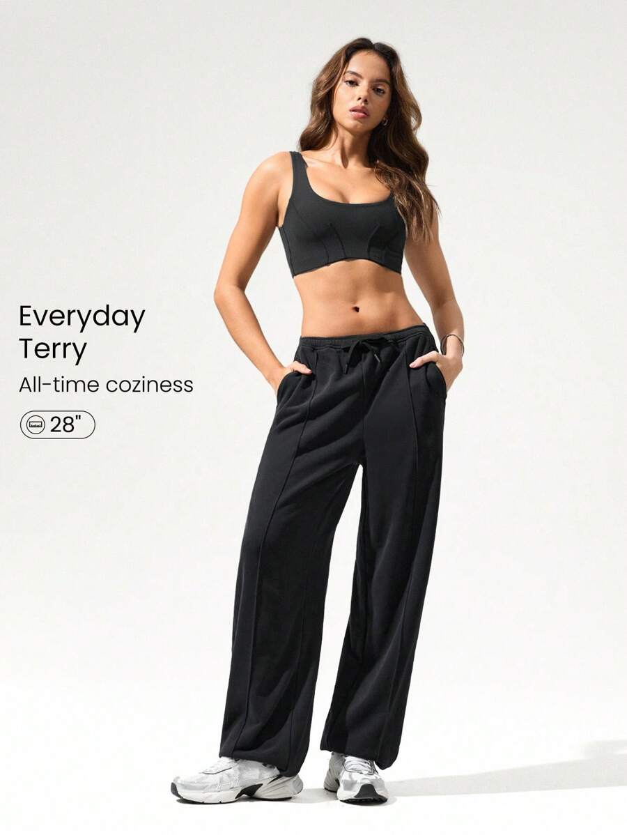 GLOWMODE 日常毛圈布吸汗柔软透气宽松可调节抽绳腰部慢跑运动裤带侧袋舞蹈工作室日常休闲装 - 黑色 - 查看 1