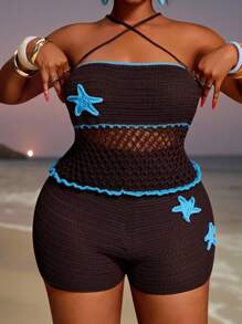 Slaydiva 2pcs/Set Plus Size Women's Vacation Starfish 3D Floral Halter Knit Top And Knitted Shorts Set - Chocolate Brown - View 7