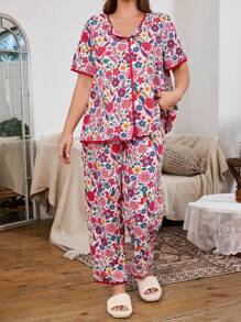 大码花卉和鸟类印花衬衫和裤子睡衣套装 - 彩色 - 查看 4