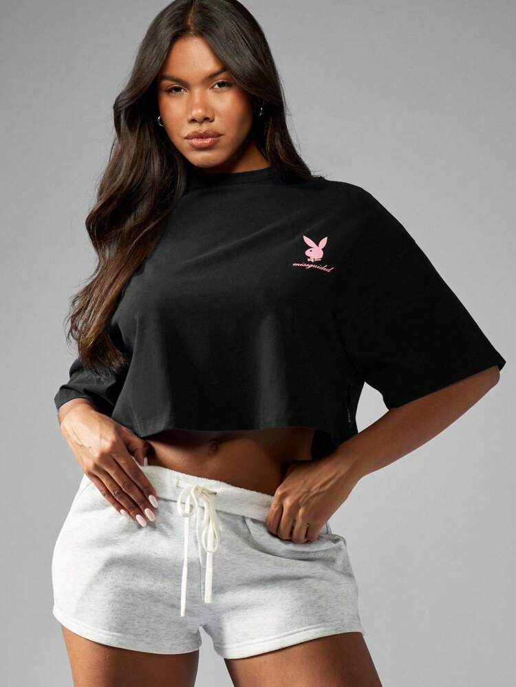 Missguided x Playboy 오버사이즈 크롭 버니 로고 티셔츠 페스티벌 스트리트웨어 여름 캐주얼 반팔 커트오프 어반 복고풍 그래픽 티